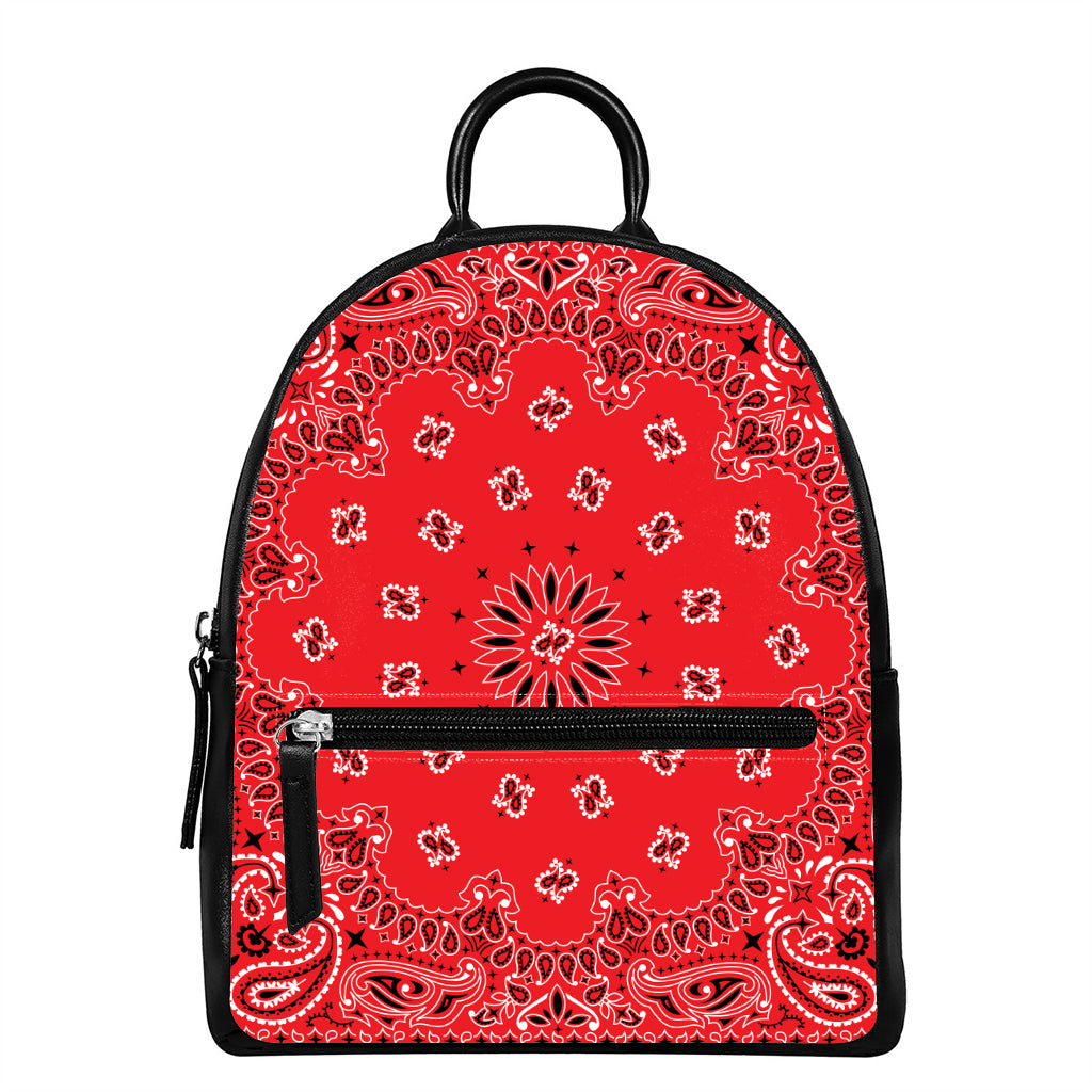 Red Black And White Bandana Print Leather Backpack