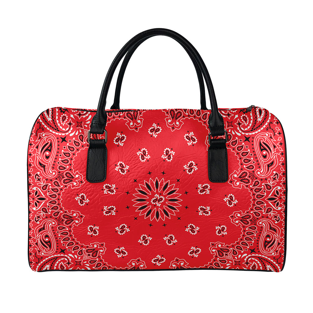 Red Black And White Bandana Print Leather Duffle Bag