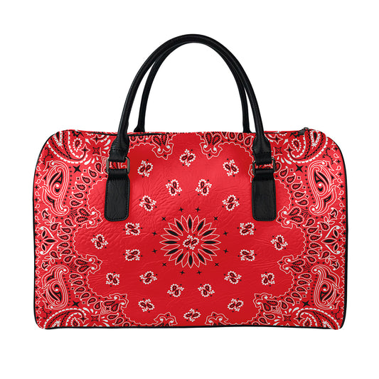 Red Black And White Bandana Print Leather Duffle Bag