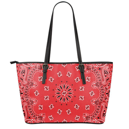 Red Black And White Bandana Print Leather Tote Bag