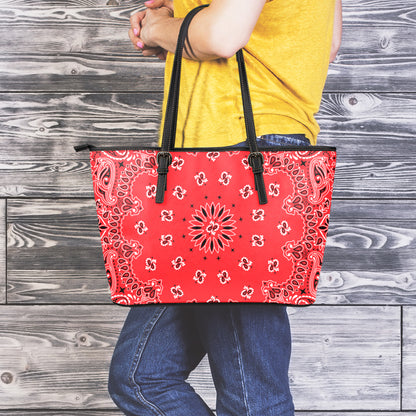 Red Black And White Bandana Print Leather Tote Bag