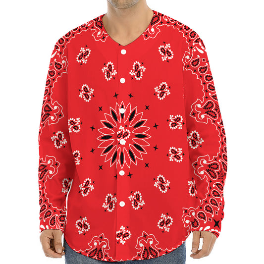 Red Black And White Bandana Print Long Sleeve Baseball Jersey
