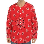 Red Black And White Bandana Print Long Sleeve Baseball Jersey