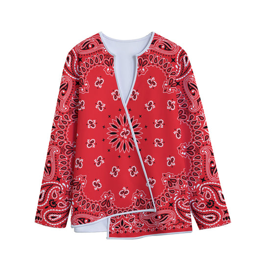 Red Black And White Bandana Print Long Sleeve Short Coat