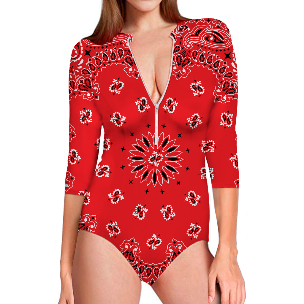 Red Black And White Bandana Print Long Sleeve Swimsuit