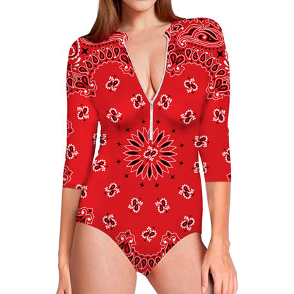 Red Black And White Bandana Print Long Sleeve Swimsuit