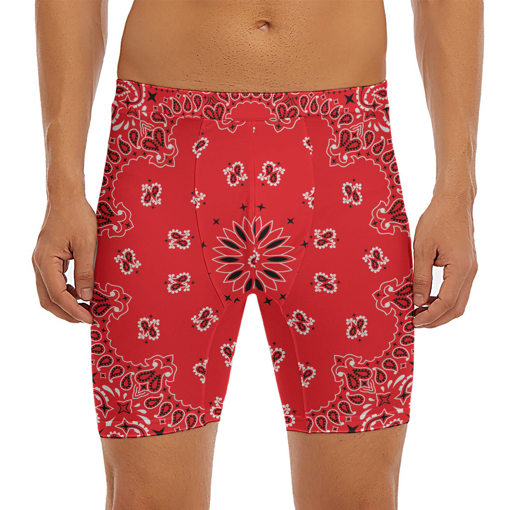 Red Black And White Bandana Print Men's Long Boxer Briefs