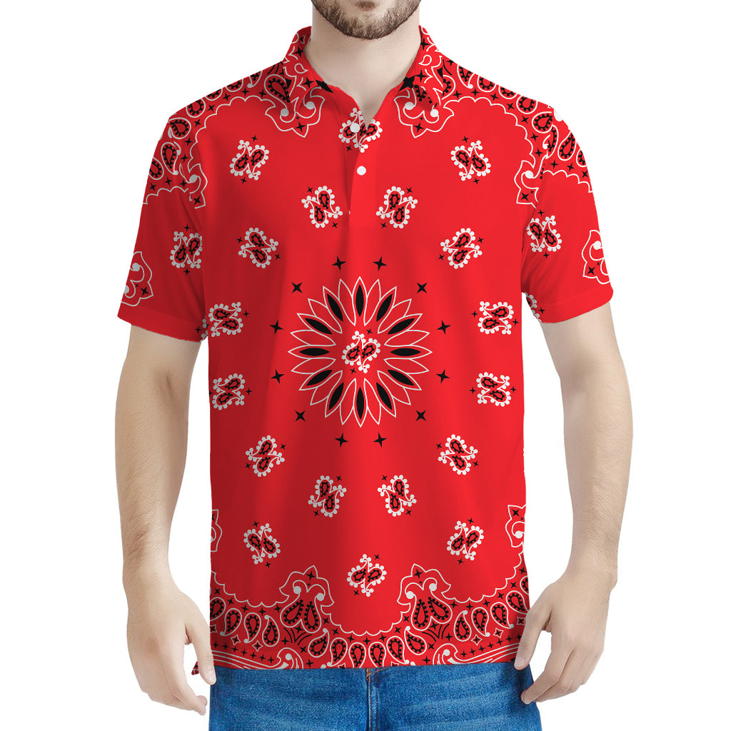 Red Black And White Bandana Print Men's Polo Shirt