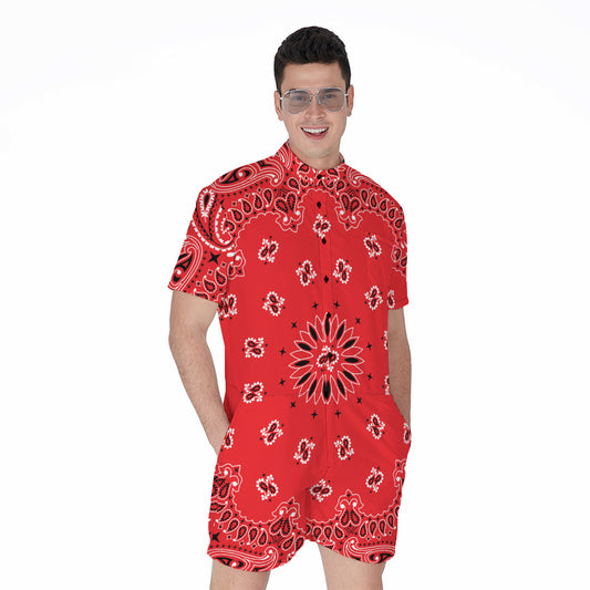 Red Black And White Bandana Print Men's Rompers