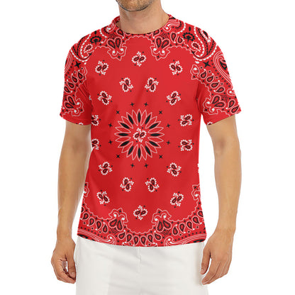 Red Black And White Bandana Print Men's Short Sleeve Rash Guard