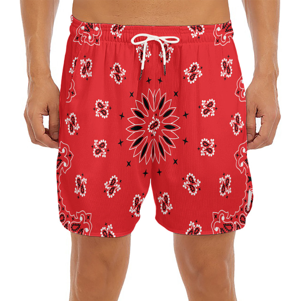 Red Black And White Bandana Print Men's Split Running Shorts