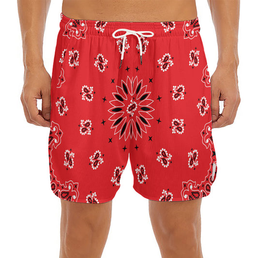 Red Black And White Bandana Print Men's Split Running Shorts
