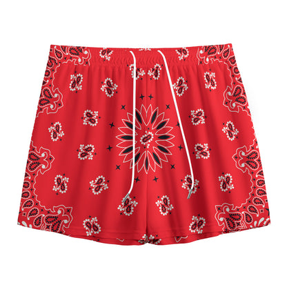 Red Black And White Bandana Print Mesh Shorts