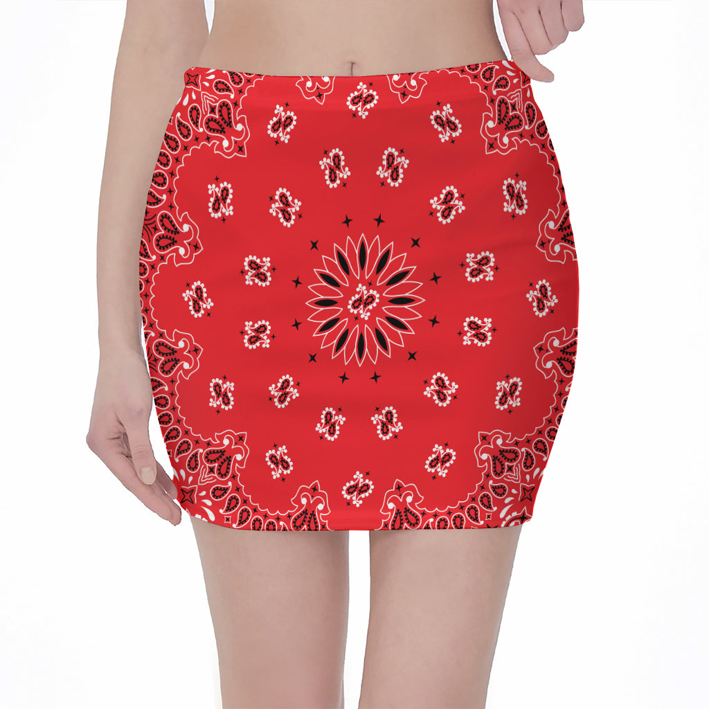 Red Black And White Bandana Print Pencil Mini Skirt