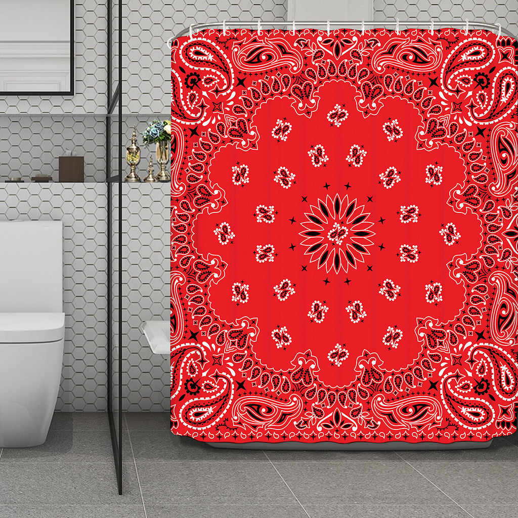 Red Black And White Bandana Print Polyester Shower Curtain
