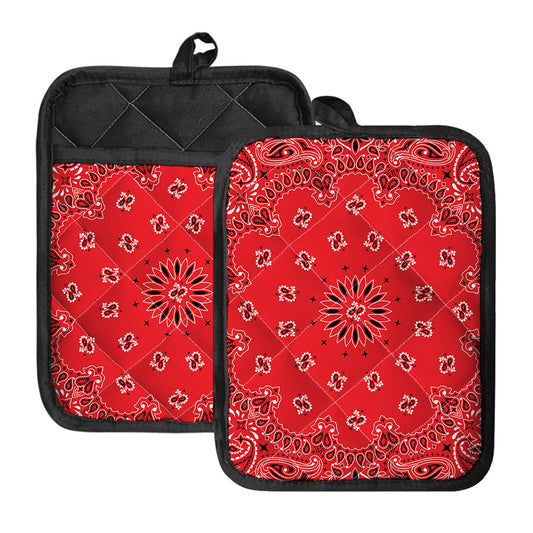 Red Black And White Bandana Print Pot Holders With Pocket