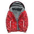 Red Black And White Bandana Print Sherpa Lined Zip Up Hoodie