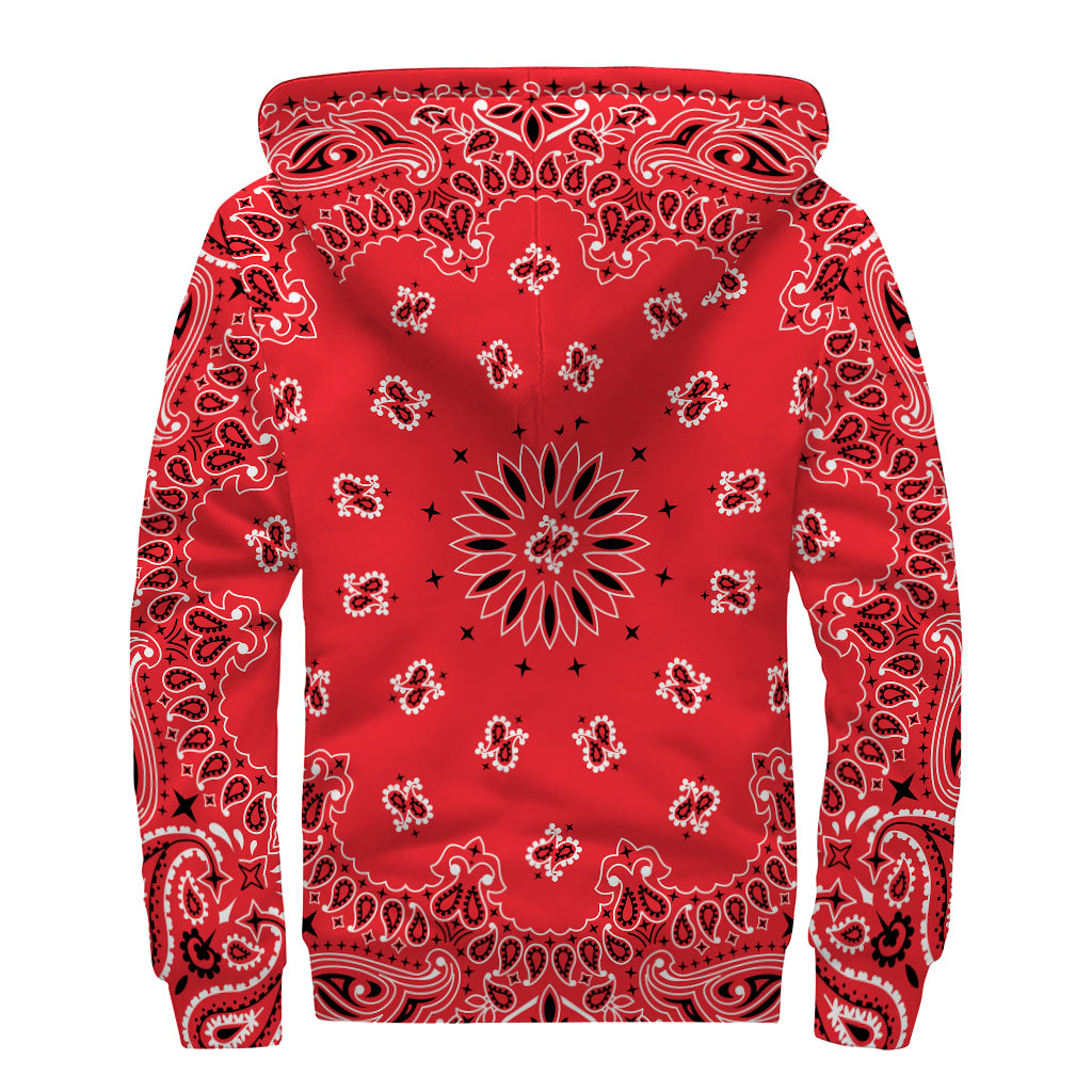 Red Black And White Bandana Print Sherpa Lined Zip Up Hoodie