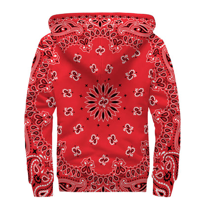 Red Black And White Bandana Print Sherpa Lined Zip Up Hoodie