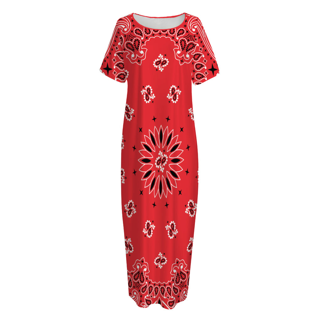 Red Black And White Bandana Print Short Sleeve Long Nightdress