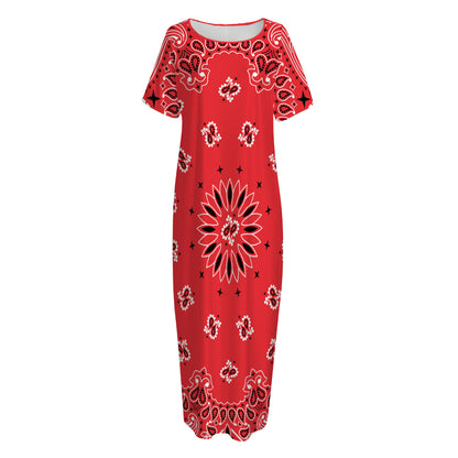 Red Black And White Bandana Print Short Sleeve Long Nightdress