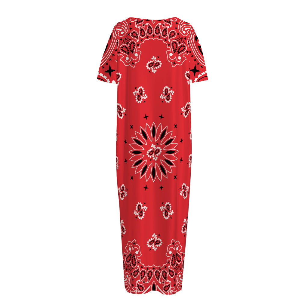 Red Black And White Bandana Print Short Sleeve Long Nightdress