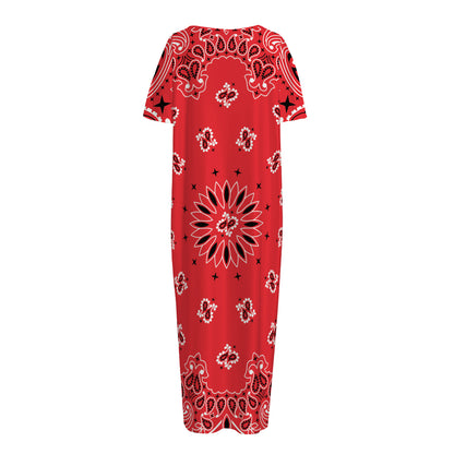 Red Black And White Bandana Print Short Sleeve Long Nightdress