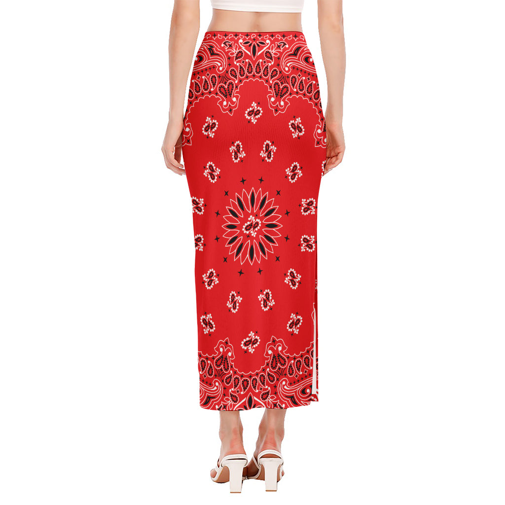 Red Black And White Bandana Print Side Slit Maxi Skirt