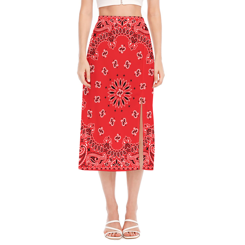Red Black And White Bandana Print Side Slit Midi Skirt