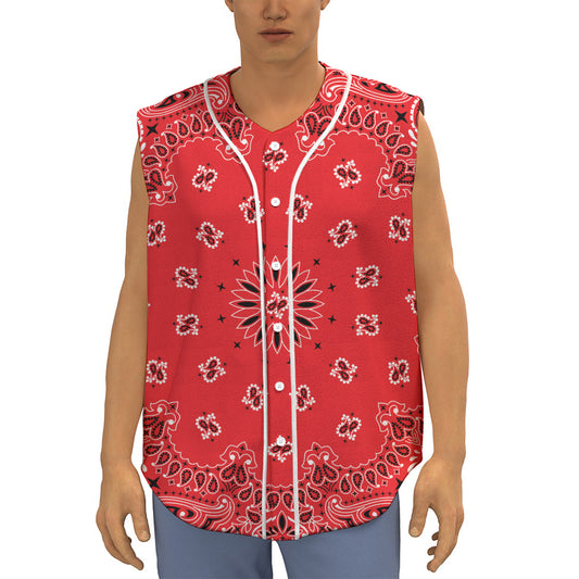 Red Black And White Bandana Print Sleeveless Baseball Jersey