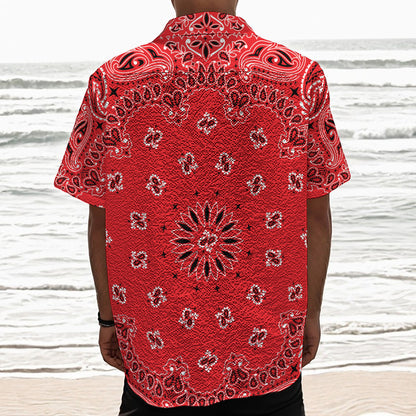 Red Black And White Bandana Print Textured Short Sleeve Shirt