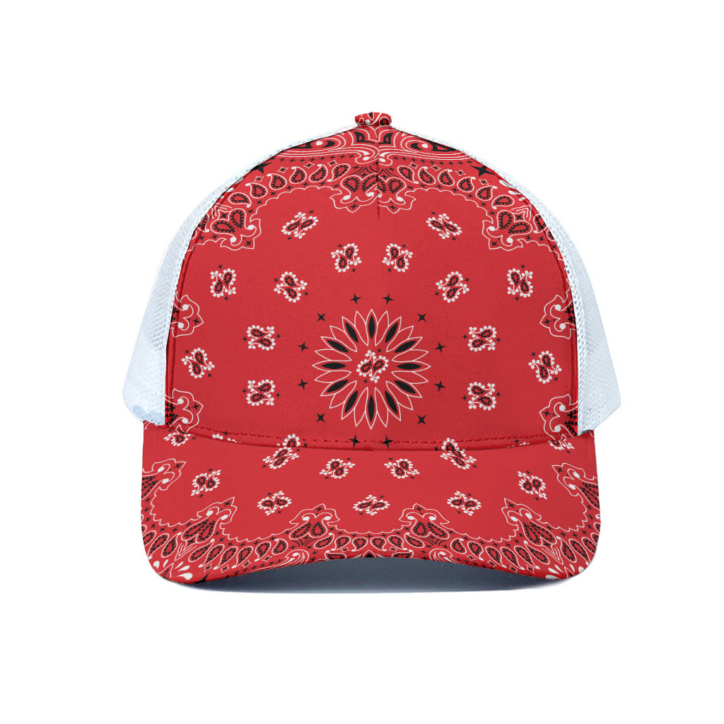 Red Black And White Bandana Print White Mesh Trucker Cap