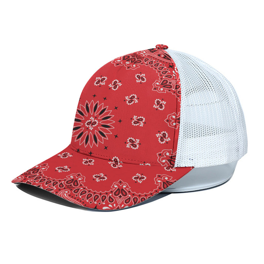 Red Black And White Bandana Print White Mesh Trucker Cap