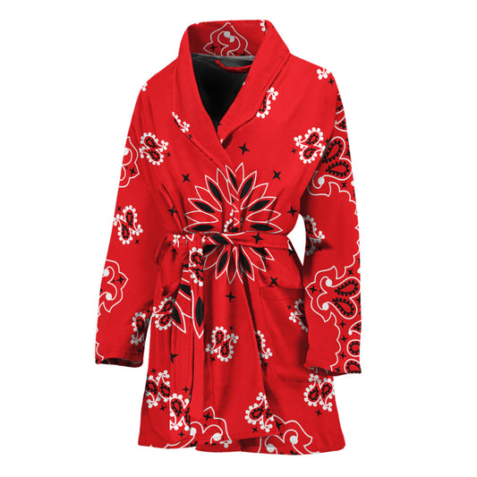 Red Black And White Bandana Print Women's Bathrobe