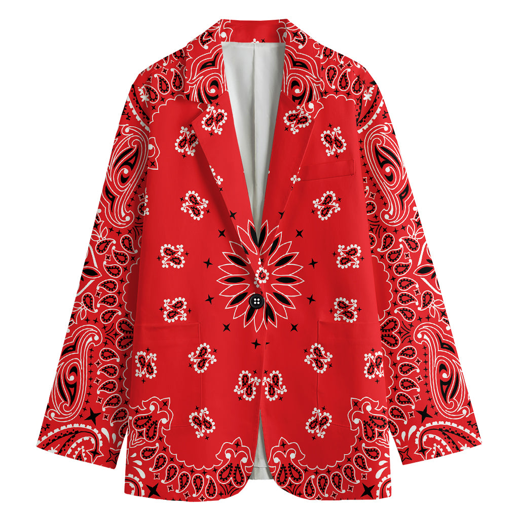 Red Black And White Bandana Print Women's Cotton Blazer