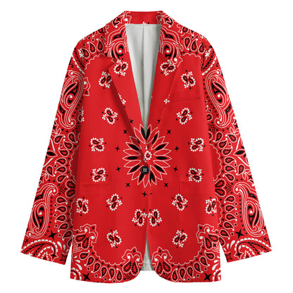 Red Black And White Bandana Print Women's Cotton Blazer
