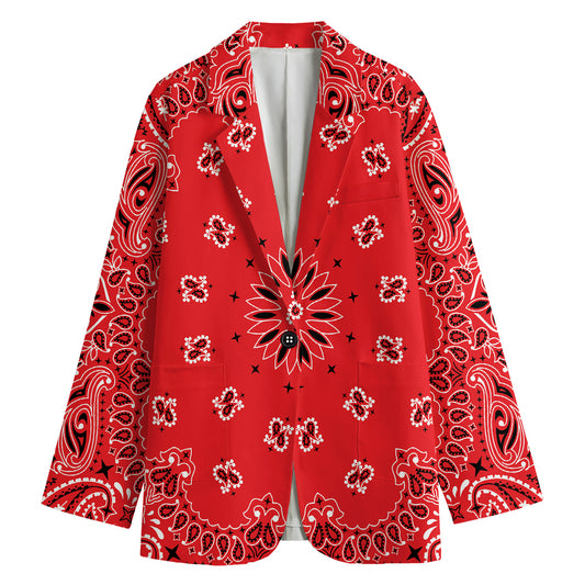 Red Black And White Bandana Print Women's Cotton Blazer