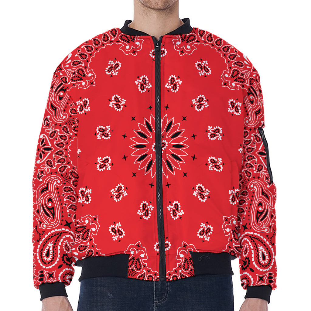 Red Black And White Bandana Print Zip Sleeve Bomber Jacket