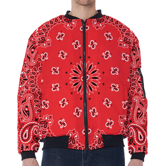 Red Black And White Bandana Print Zip Sleeve Bomber Jacket