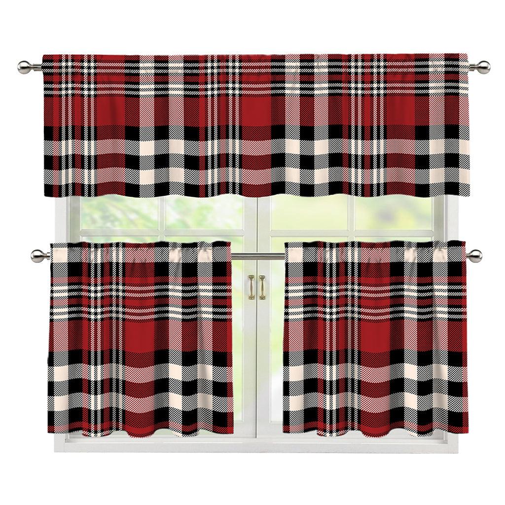 Red Black And White Border Tartan Print 3 Piece Kitchen Curtains