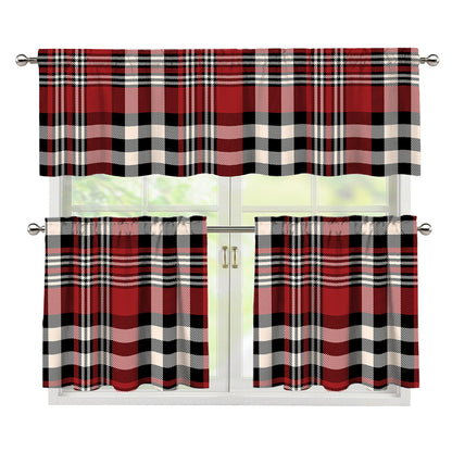 Red Black And White Border Tartan Print 3 Piece Kitchen Curtains