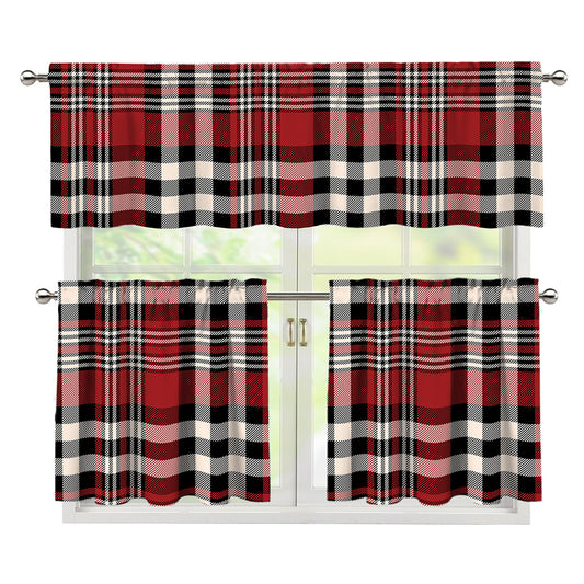 Red Black And White Border Tartan Print 3 Piece Kitchen Curtains