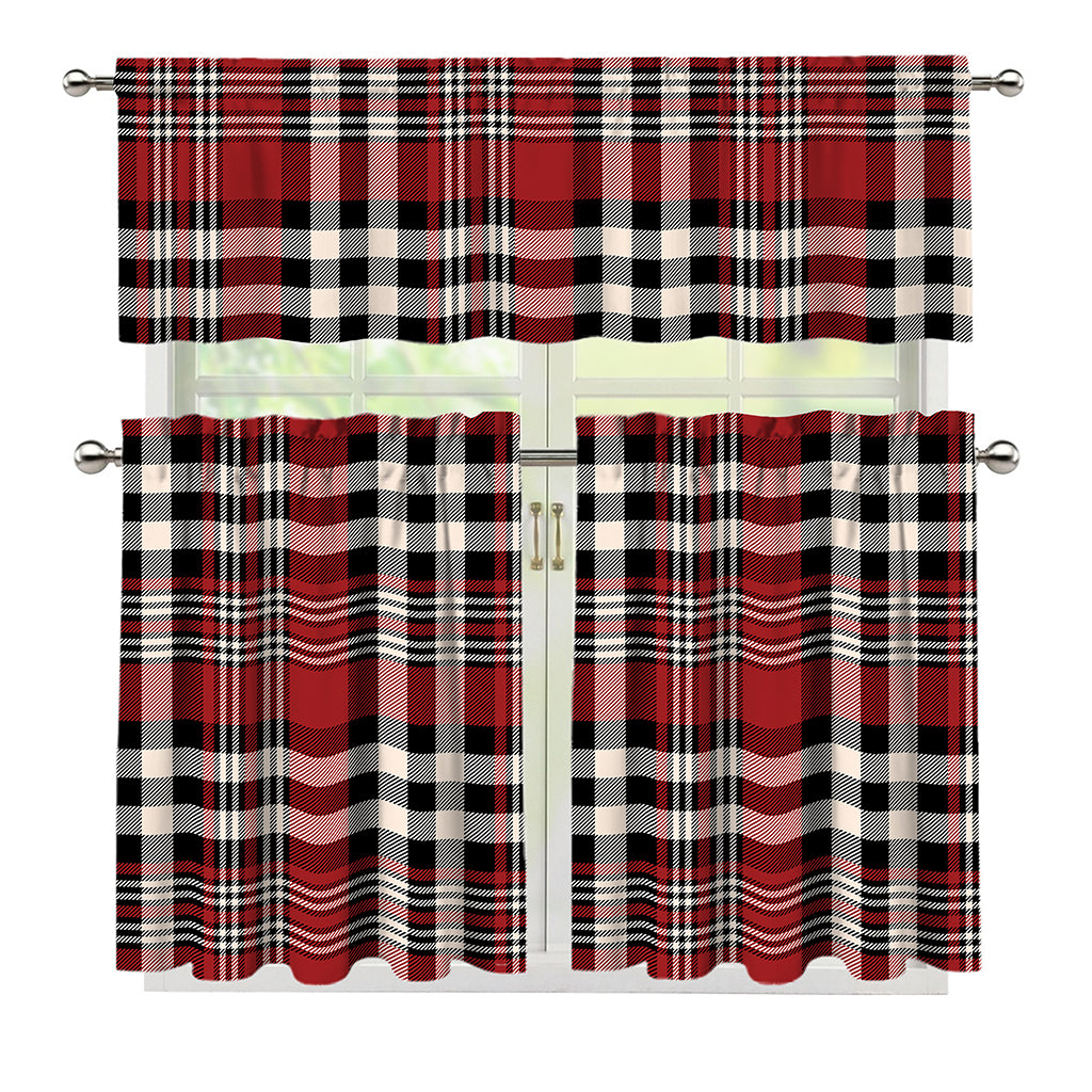 Red Black And White Border Tartan Print 3 Piece Kitchen Curtains
