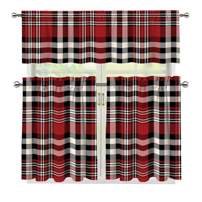 Red Black And White Border Tartan Print 3 Piece Kitchen Curtains