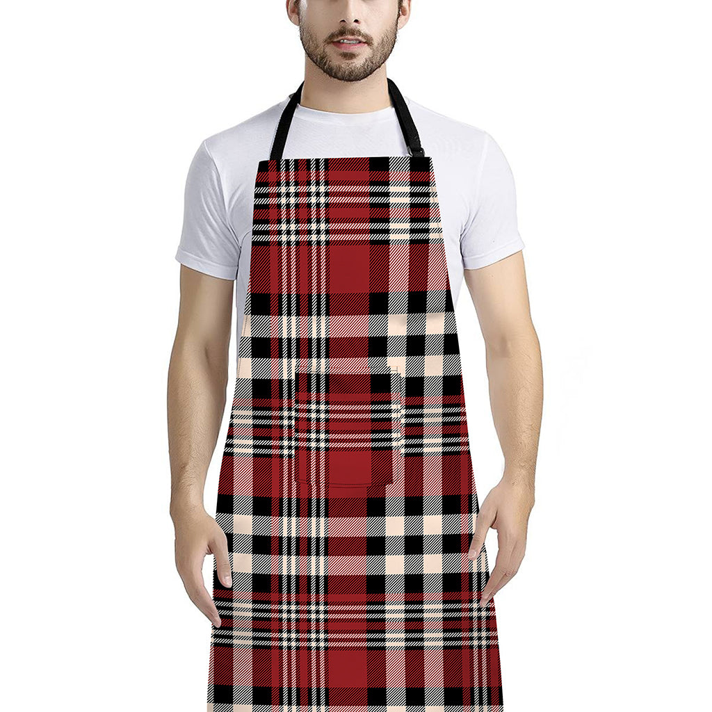 Red Black And White Border Tartan Print Bib Apron With Pocket
