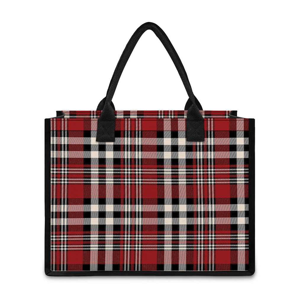 Red Black And White Border Tartan Print Canvas Tote Bag