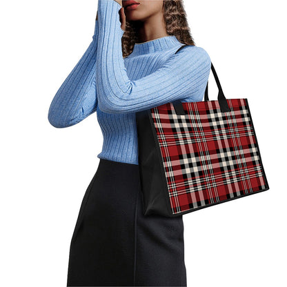Red Black And White Border Tartan Print Canvas Tote Bag