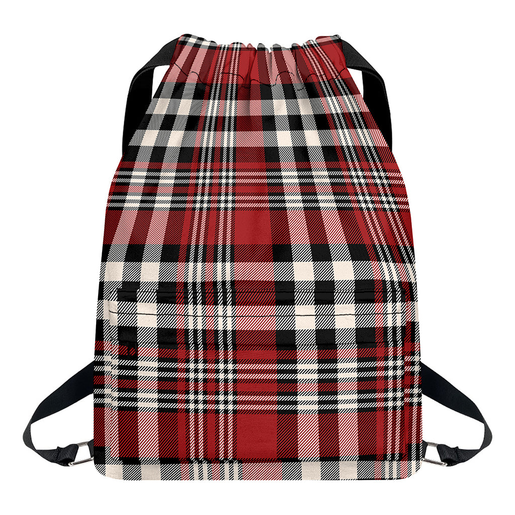 Red Black And White Border Tartan Print Drawstring Backpack