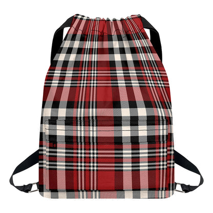 Red Black And White Border Tartan Print Drawstring Backpack