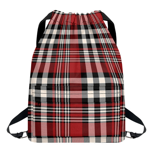 Red Black And White Border Tartan Print Drawstring Backpack
